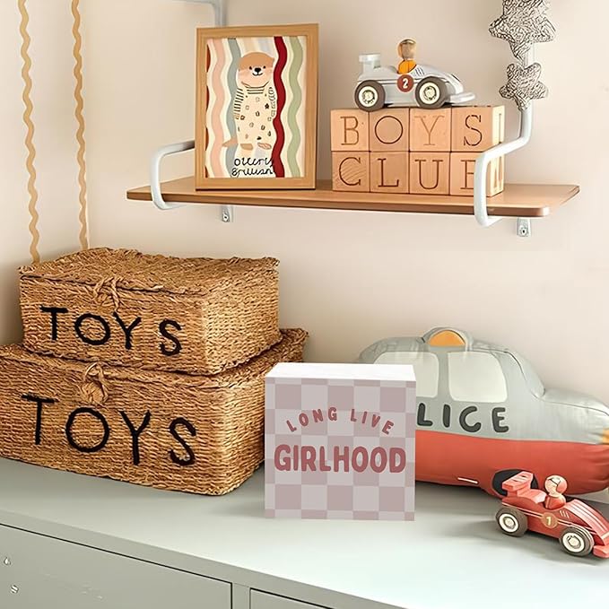 Lacama Girls Room Wooden Box Sign, Long Live Girlhood Decorations Wood Block Signs, Retro Pink Checkered Wood Sign for Toddler Girls Nursery Room Bedroom Desk Shelf Wall Decor 5x5 Inches