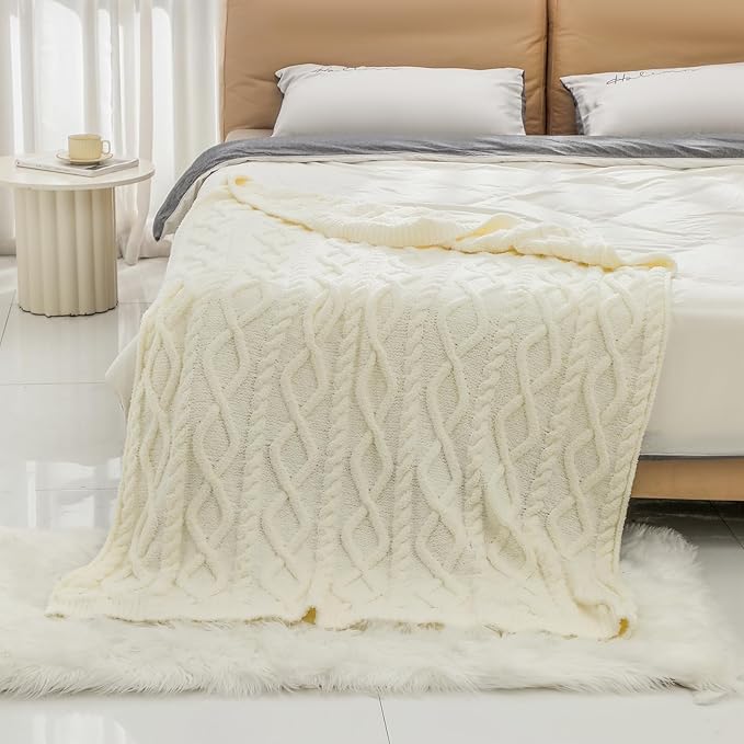 bearberry Plush Fleece Blanket Ultra Cozy & Warm Cable Knit - Machine Washable Throw for Living Room, Bedroom, Office | Lightweight Fuzzy Blanket for Adults, Kids, Pets (Cream, 50”x60”)