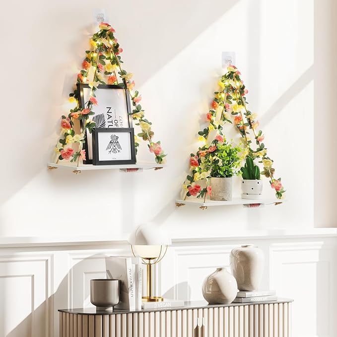 EXIN DECHEN Floating Shelves for Wall No Drilling,Wall Shelves,Hanging Shelf,Leaves and Light Strip with Flower,Set of 2 Plant Decor for Home Livingroom Bedroom,Led Room Decor Aesthetic,Gift