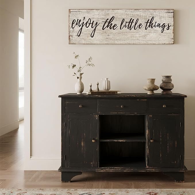 Large Quotes Wall Decor Enjoy the Little Things Sign Family Wall Signs Rustic Wood Pictures Canvas Prints for Living Room Bedroom Office Home Decoration, 12x36 Inch Framed