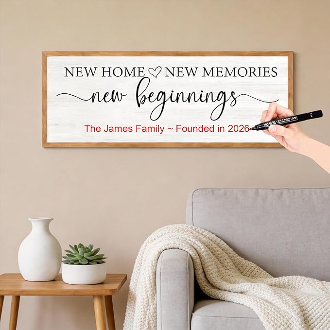 New Home, New Memories, New Beginnings Wall Decor Sign – 32x12 Inch Framed Wooden Sign with Writable Family Name & Year Space, Rustic Farmhouse Housewarming Gift for New Home, Entryway, Living Room, Natural