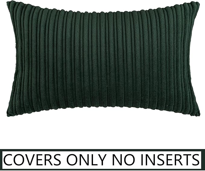 UGASA Christmas Velvet 12x20 Inch Lumbar Soft Throw Pillow Covers Decorative Striped Corduroy Both Sides Rectangular Cushion Cases Boho Farmhouse for Couch Bedroom Sofa Home, Pack of 2, Dark Green