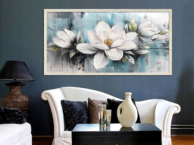 Ardemy Magnolia Wall Art Framed Canvas Wall Decor Living Room, White Floral Picture Wall Decor Teal Painting Flower Textured Artwork for Bedroom Dining Room Home Office 40"x20"