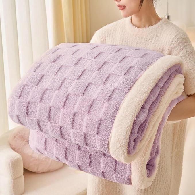 Sherpa Throw Blanket for Couch, Flannel Cozy Thick Soft Blanket for Bed - Fleece, Purple, 80x90 Inches