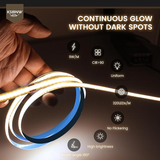 COB LED Strip Lights 16.4ft/5m, 12V LED Light Strip, Warm White 3000K Under Cabinet Lighting, Super Bright Flexible Tape Lights for Bedroom,Mirror,Kitchen,Living Room(Power Supply Not Included)