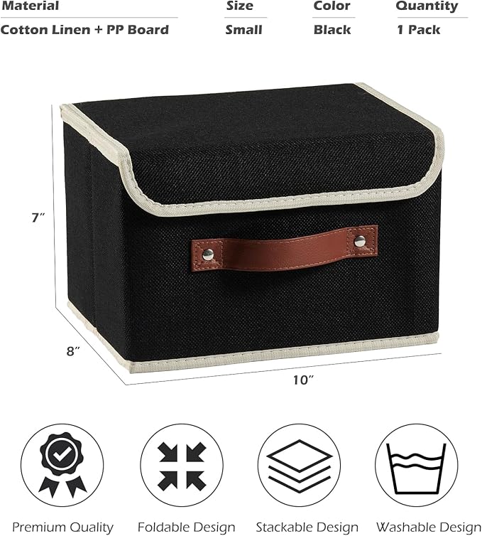 Storage Boxes with Lid Cotton Linen Fabric Storage Bins Organizer Container Decorative Collapsible Washable Shelf Baskets Faux Leather Handles for Home Bedroom Closet (Black, Small Size)