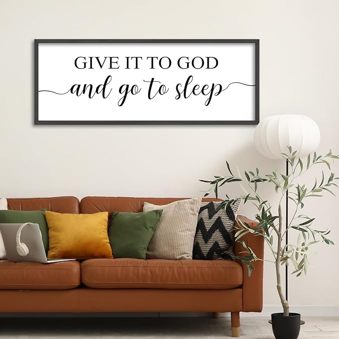 YWJKWLGS Give It To God And Go To Sleep Sign Large Bedroom Wall Decor Art 40x15 Inch Rustic Wooden Framed Above Over Bed for Peace Wall Hanging Plaque (Black)