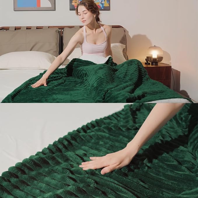Green Sherpa Fleece Throw Blanket 50”×60” for Couch Sofa Bed,Double Side Soft Fuzzy Cozy Plush Thick Flannel Blanket with Striped Design Gift for Adults,Woman,Girls