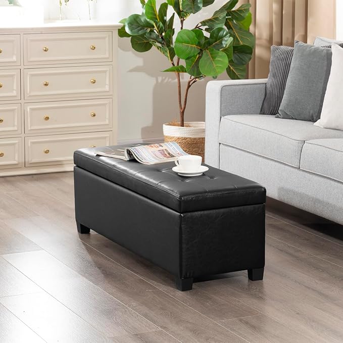 Homebeez 42" Faux Leather Storage Ottoman,End of Bed Bench,Upholstered Ottoman Bench with Storage for Living Room,Bedroom,Entryway