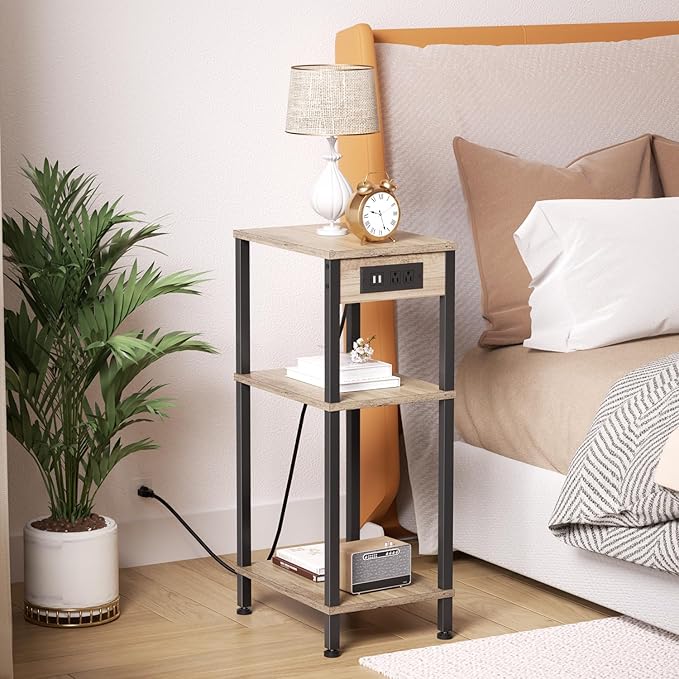 Tall End Table with Charging Station and USB Ports, 3 Tier Narrow Tall Bedside Table with Storage, Slim Nightstand with Outlets for Bedroom, Living Room, Office, Greige