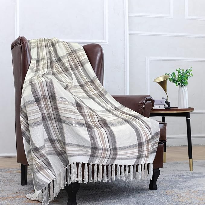 Taupe Grey and White Plaid Decor Tartan Blanket, Lightweight Soft Chenille Striped Knitted Rustic Farmhouse Throw with Tassels for Couch Sofa Chair Bed Office Home, 60" x 80"