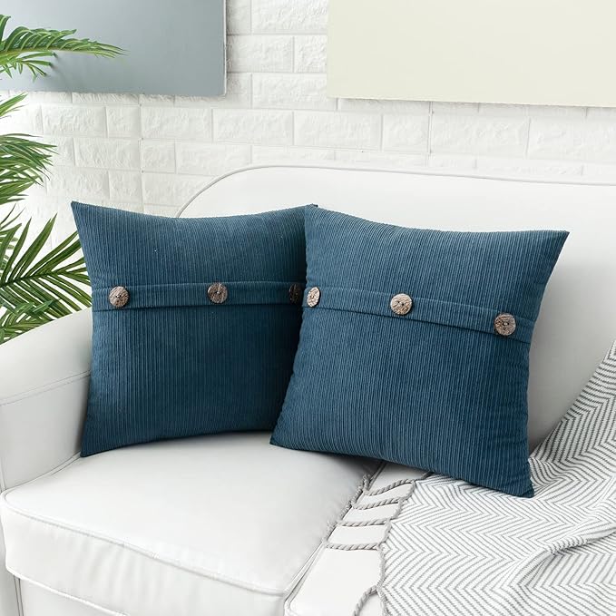 HWY 50 Blue Chenille Throw Pillow Covers 16x16 Inch with Triple Buttons, Soft Farmhouse Accent Decorative Cushion Cases for Couch Sofa Bed Living Room Pack of 2