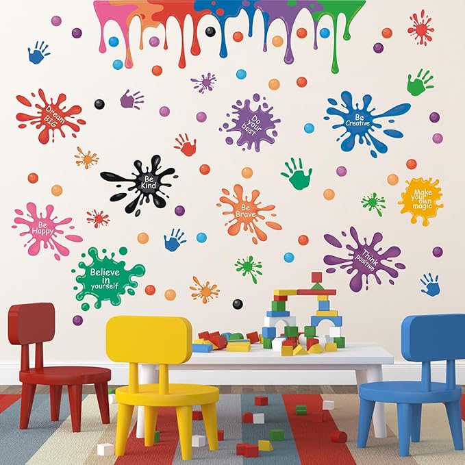 HLNIUC Colorful Inspirational Wall Decals 31pcs Positive Saying Ink Splatter Splotches Wall Sticker Watercolour Motivational Lettering Wall Peel and Stick Decor for Kid Playroom Daycare Art Decor