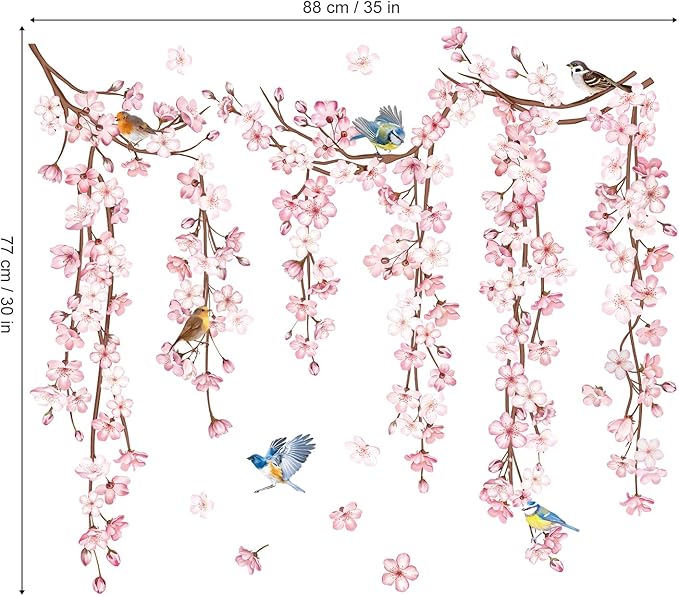 decalmile Cherry Blossom Flower Vine Wall Decals Hanging Floral Tree Branch Birds Wall Stickers Living Room Bedroom Office Wall Decor