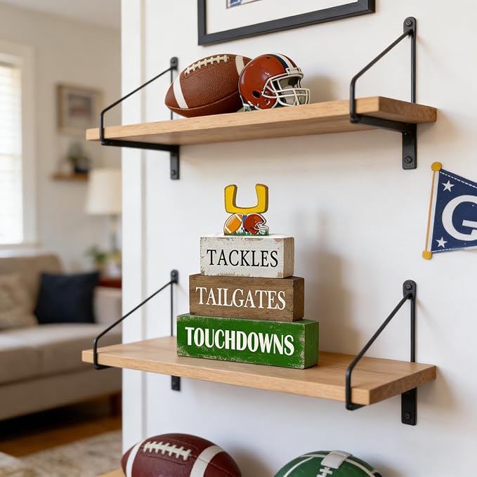 4 Pcs Football Table Decorations Wooden Football Tiered Tray Decor Sport Game Centerpiece Block Sign for Tailgate Birthday Party Tabletop Desk Shelf Mantel Fireplace Home Decor