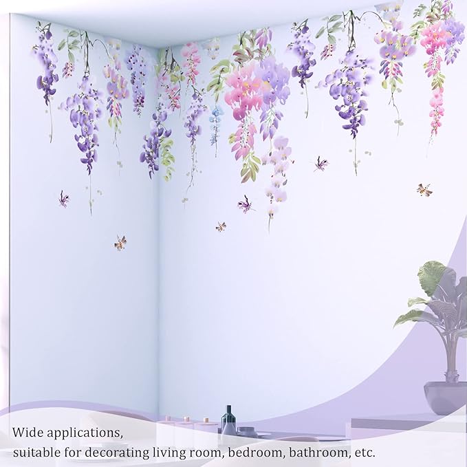 Purple Flowers Wall Decals Peel and Stick, Large Hanging Floral Vinyl Wall Stickers, Removable Vine Home Decor Art for Bedroom Living Room Classroom Office