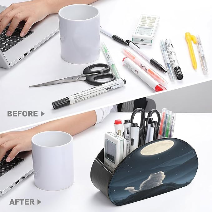 Lonely Cat Moon Remote Control Holder Organizer Box with 5 Compartment PU Leather Bedside Storage Caddy Remote Organizer for Controller Media Player Pen/Pencil Storage
