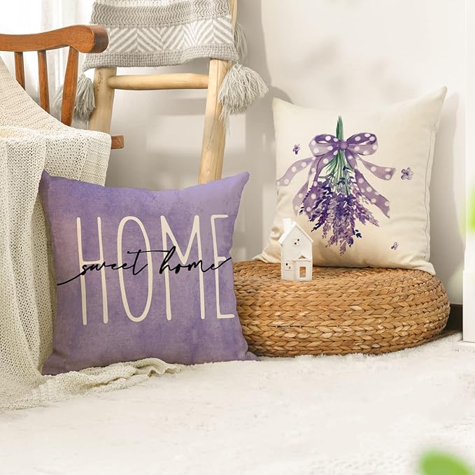 AVOIN colorlife Lavender Bless This Home Sweet Home Spring Throw Pillow Covers, 20 x 20 Inch Purple Cushion Case for Sofa Couch Set of 4
