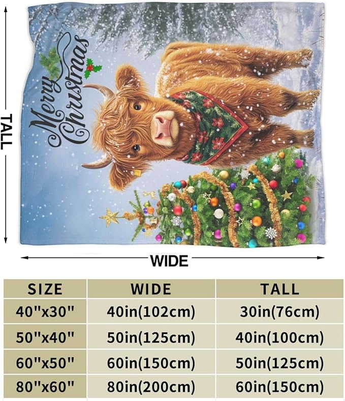 Christmas Highland Cow Blanket Cow Gifts Warm Cozy Cow Print Throw Blanket Soft Lightweight Fleece Plush Fuzzy Blanket for Girls Women Kids Aults Bed Decor 60"X80"