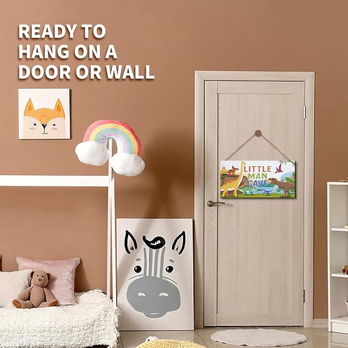 ZIEYOMI- Little Man Cave Sign Boys Room Decor, Dinosaur Theme Bedroom Decor Hanging Wall Art, Wooden Plaque Decorations for Nursery Boys Kids Toddler Playroom Living Room