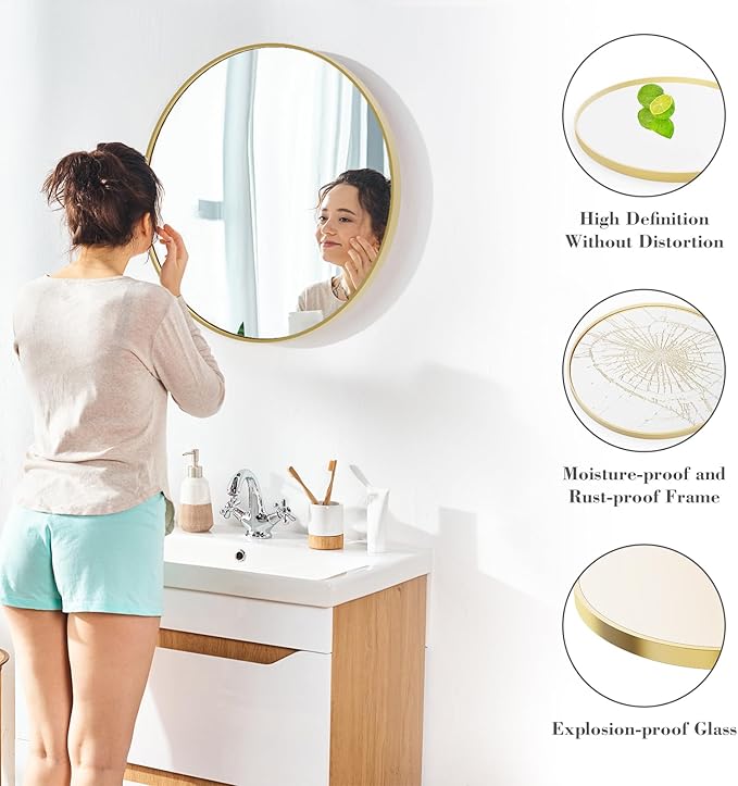 Sweetcrispy 30-inch Gold Round Wall Mirror, Circle Bathroom Mirrors with Metal Frame, Wall-Mounted Mirrors for Living Room, Bathroom, Entryway