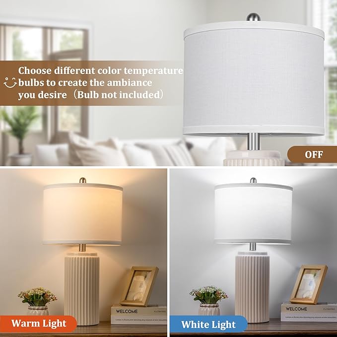 TOBUSA 23.5’’ Modern Ceramic Table Lamps Set of 2 for Living Room, Farmhouse Vintage Bedside Table Lamps with White Linen Shade, Rustic Bedroom Ceramic Lamps for Nightstand Home Office End Table Dorm