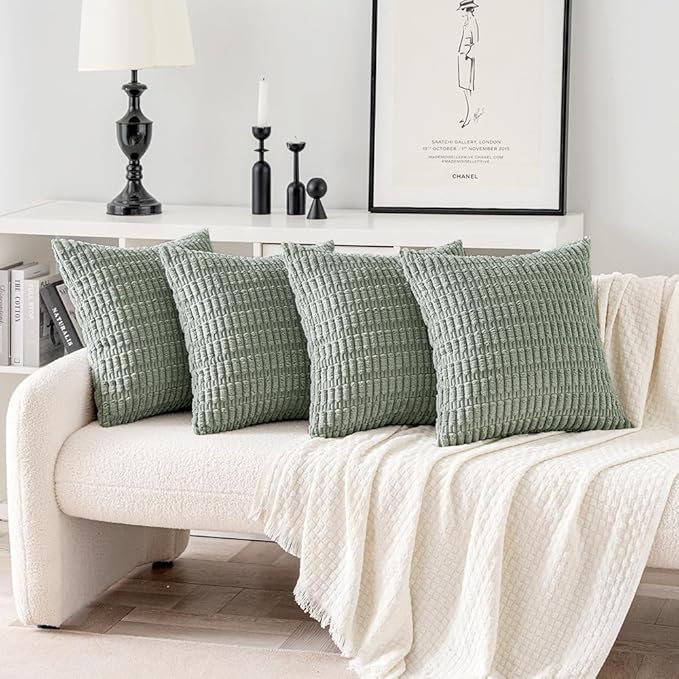MIULEE Pack of 4 Greyish Green Corduroy Decorative Throw Pillow Covers 18x18 Inch Soft Boho Striped Pillow Covers Modern Farmhouse Home Decor for Sofa Living Room Couch Bed