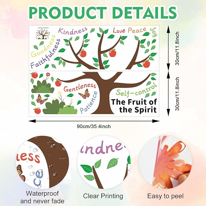 HLNIUC Apple Tree Inspirational Wall Decal (35”x24”)Colorful Inspiring Quotes Wall Sticker The Fruit of the Spirit Art Decal,Motivational Sayings Apple Butterfly Room Sticker for Kids Bedroom,Nursery