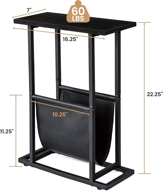 Narrow Side Table for Small Place,Metal Table with PU Leather Bag,Slim Nightstand for Reading Or Storage,Sofa Side Table for Living Room,Bedroom,Black