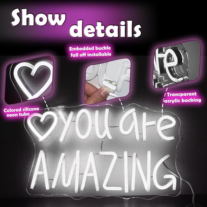 You Are Amazing Neon Sign Wall Decor for Bedroom Class Room Bar Pub Club Nursery Hanging,Dimmable USB Pink Led Light for Wedding Birthday Party Women Christmas Gifts