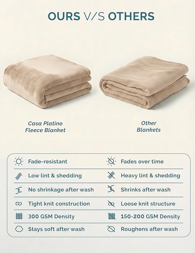 Casa Platino Fleece Blanket Twin Size – 300 GSM Beige Fleece Throw for Bed or Couch – Soft Cozy Warm Holiday Bed Blanket for Winter, Fuzzy Plush Elegant Gifts for Kids, Men & Women - 68x90 Inch