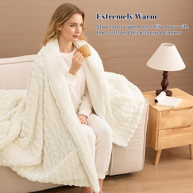 PHF Fluffy Sherpa Blanket Twin Size for Winter, Warm and Soft, 510GSM 3D Jacquard Thick Shaggy Fleece Plush Blanket for Sofa Bed, Cream, 60"x80"