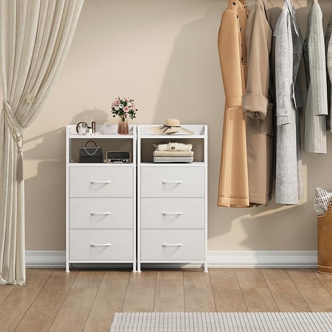 Somdot Nightstand with 3 Drawers, Dresser with Fabric Bins for Bedroom, Hallway, Entryway, Night Stand Bedside Table Furniture, Sturdy Steel Frame, Wooden Top, Easy Pull Fabric Bins, White Leather