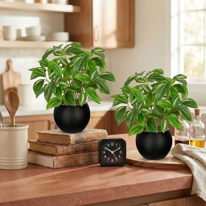 2 Packs Artificial Plants in Black Pot Tradescantia Zebrina Fake Plants Potted Decorative Faux Plant for Home Kitchen Decor