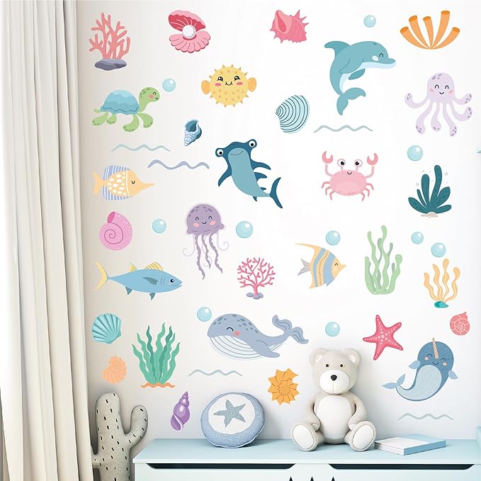 Ocean Animals Wall Decals - 5 Sheets 58 Pcs Under The Sea Theme Wall Decor Peel and Stick Ocean Wall Stickers for Home Kids Room Nursery Décor