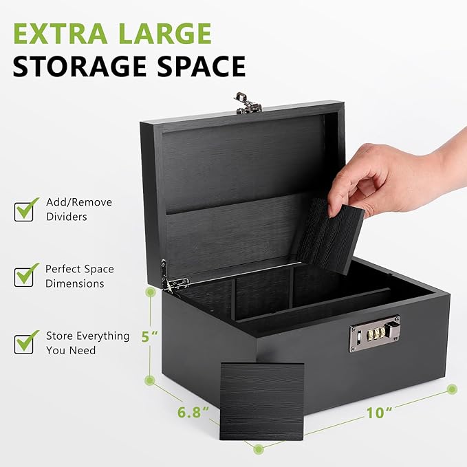 OZCHIN Large Bamboo Box with Combination Lock Decorative box for Home Great Gift Choice Storage Lockbox with Storage Jar, Gifts for Men Women (Black, 10 x 6.9 x 5 inches)