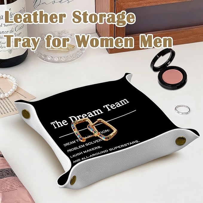 Employee Appreciation Gifts,Dream Team Gifts Valet Jewelry Tray for Coworkers Employees PU Leather Catchall Beside Caddy Nightstand Organizer Tray for Jewelry Rings Watches, 7.87x7.87in