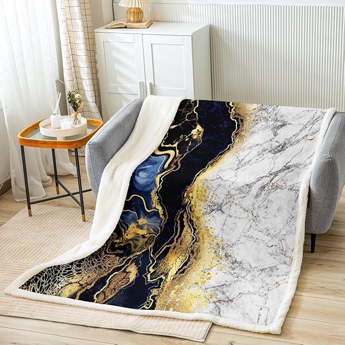 Erosebridal Marble Plush Twin 60"x80", Gold Sherpa & Navy Blue White Marble Throw Blanket for Kids, Boys, Adults, Men - Tie Dye Bronzing Sequins Fleece Blanket for Bed, Sofa, Couch