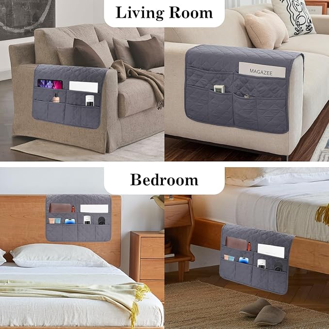 Bedside Caddy for Couch Remote Control Holder Recliner Armrest Organizer Non Slip Sofa Armchair Caddy with 6 Pocket Storage for Magazine, Tablet, Phone, iPad, Gray