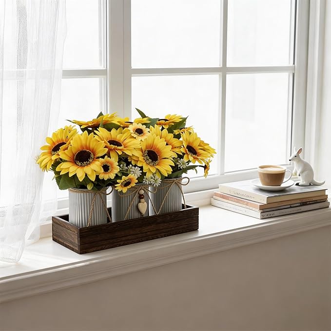 Artificial Sunflower Decorative Centerpiece, Rustic Table Centerpieces Home Decor for Dining Room, Farmhouse Wood Planter Box with 3 Galvanized Metal Pots Decorative