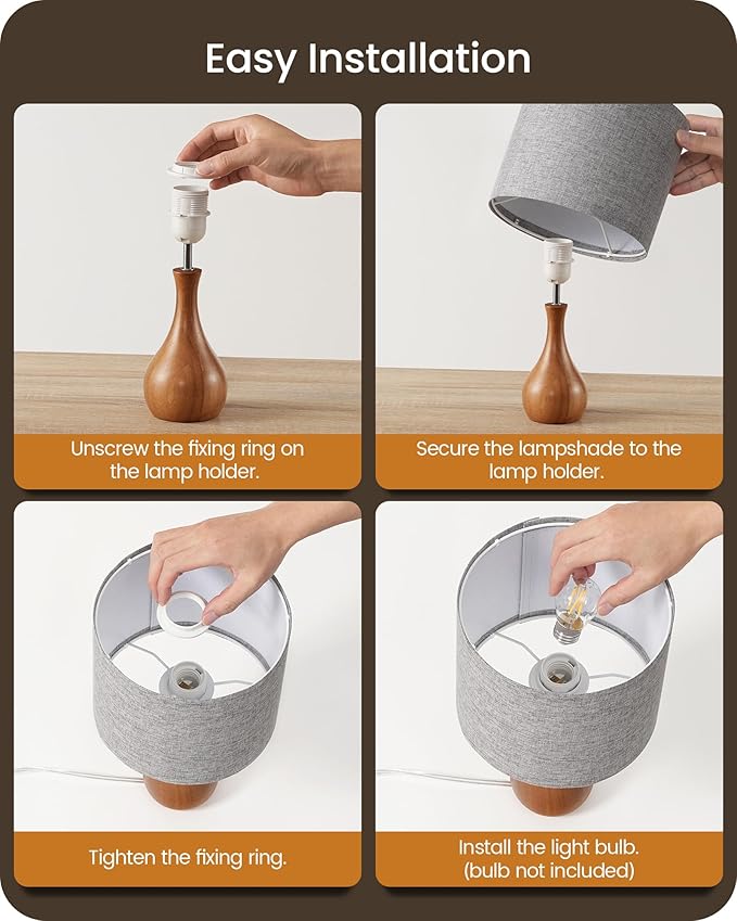 Gray Table Lamp, 14.2" Small Bedside Lamp, Compact Desk Lamp with Gray Linen Lampshade & Dark Walnut Base, Modern Nightstand Lamp for Bedroom, Kid's Room, Office, E26 Socket, LH09TL05