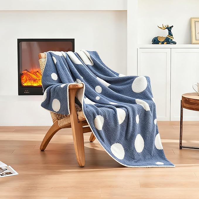 CozeCube Super Soft Fullfy Microfiber Reversible Knitted Blankets, Warm Cozy Fuzzy Plush Throw, Dusty Blue and White Polka Dot Throw Blanket for Couch Bed Sofa, 50" x 60"