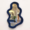 Irregular Wall Mirror Living Room Decor, Decorative Wavy Funky Mirrors with Flocking Touch, Modern Asymmetrical Mirror for Hallway Entryway Staircase Bathroom Bedroom (Dark Blue)