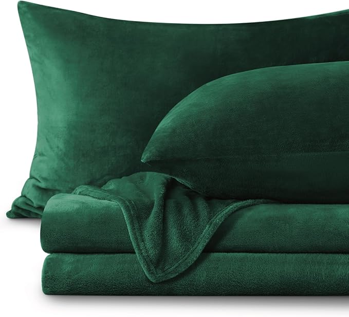 BEDELITE Flannel Sheets Queen Size Dark Green - Super Soft Fleece Sheets Set Fluffy Extra Plush, 4 Piece(Include Fitted Sheet, Flat Sheet, 2 Pillowcases)