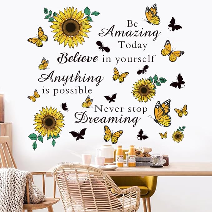 Inspirational Quote Sunflower Wall Stickers - Removable Positive Saying Peel and Stick for Classroom, Home, Bedroom, Office Wall Art Decor
