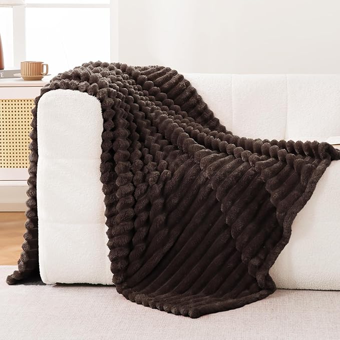 Bnuitland Super Soft Flannel Throw Blanket, 3D Striped Jacquard Fluffy Blanket for Bed,Sofa,Couch,Home Decor, 300GSM Fleece Lightweight Cozy Blanket for Adults and Kids, 60X80 inches Brown