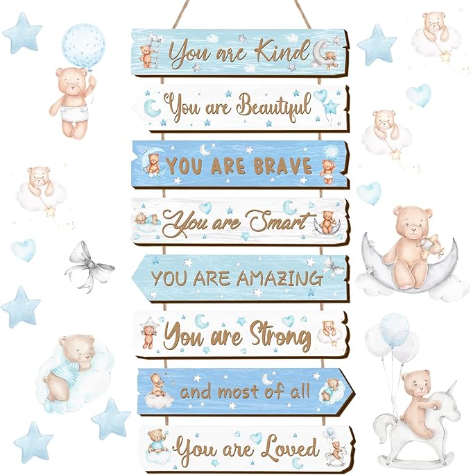 Inspirational Girl Room Decor Aesthetic Art Wall Hanging Sign Inspiring Colorful Rainbow Wooden Decoration for Kids Teens Toddler Boy Baby Bedroom Nursery Dorm Decor, 6-12 Years old (Teddy Bear)