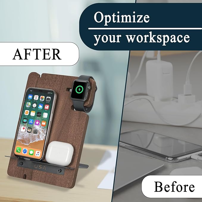 J JACKCUBE DESIGN Wood Charging Docking Station, Phone Watch Charge Dock Stand Multi Device Nightstand Organizer Holder for Smartphone Cellphone Accessories Bedside Caddy -MK243B