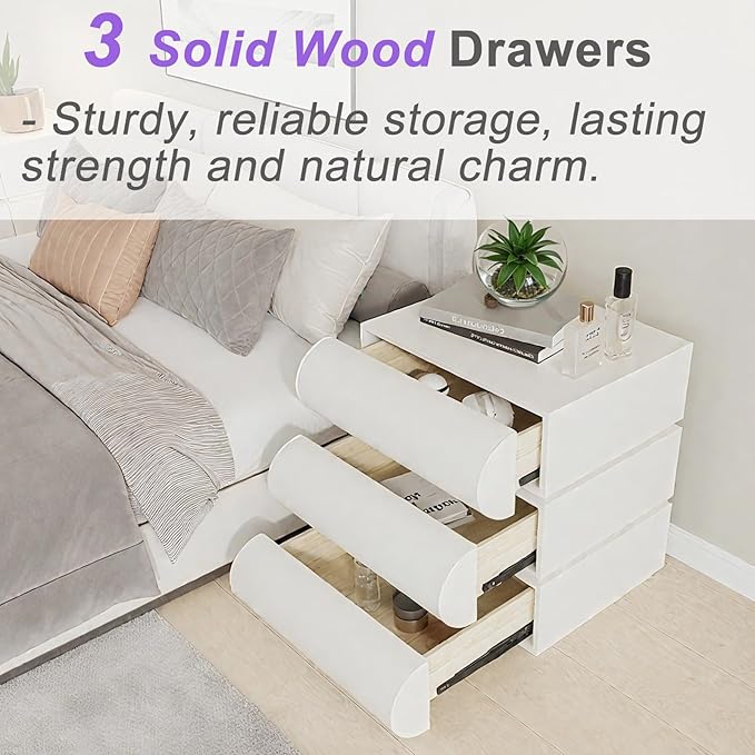 Modern Nightstand with Storage, Small Night Stand with Microfiber Leather Finish, 3 Solid Wood Drawers for Bedroom Bedside Couch