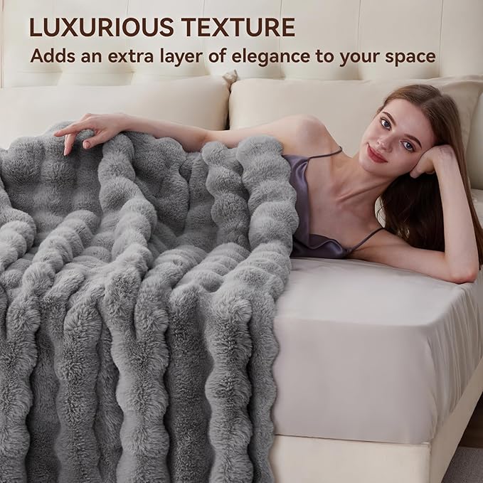 Faux Fur Throw Blanket, 1000GSM Fluffy Soft Bubble Blanket for Couch Bed, Cozy Plush Warm and Thick Blanket, Fuzzy Rabbit Throw for Living Room Bedroom 90''*104'' Light Grey